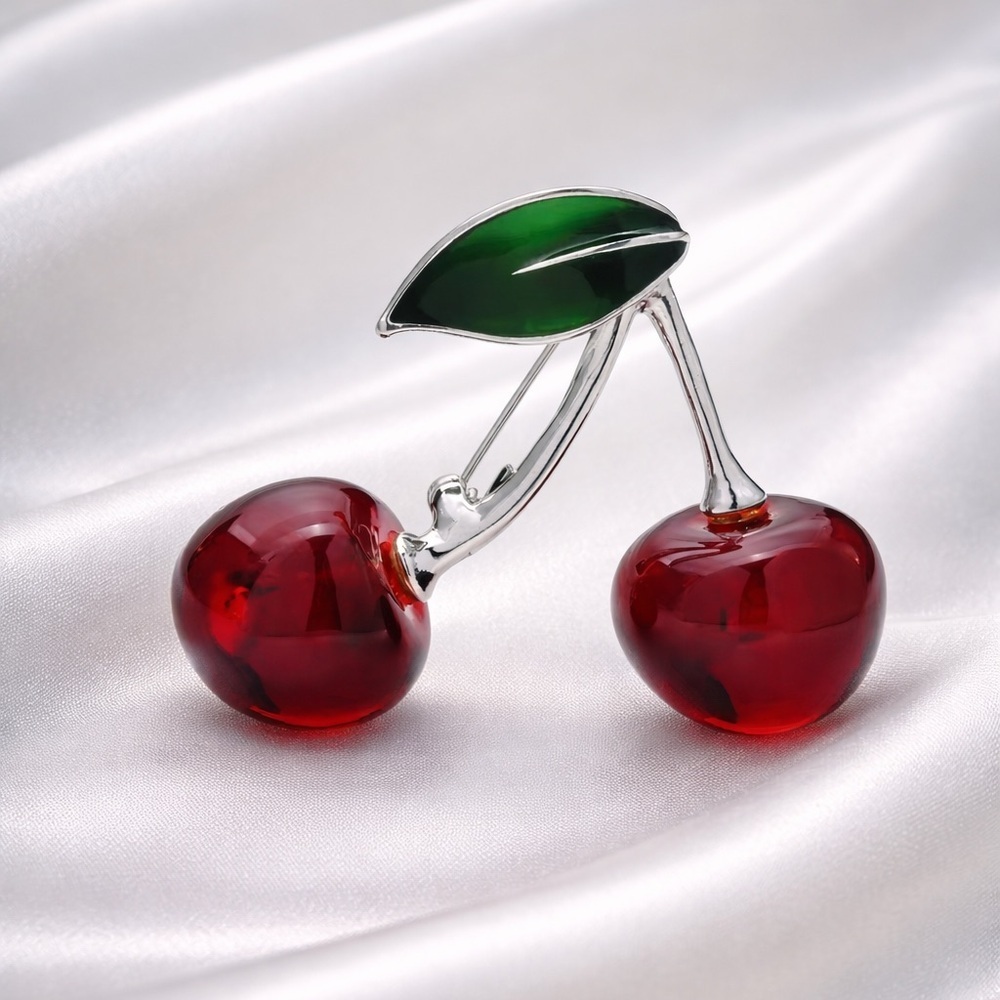 Romantic Red Cherry Silver Brooch